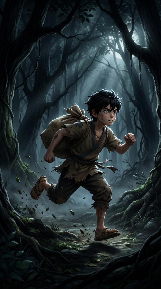 幽暗森林中的少年奔跑者