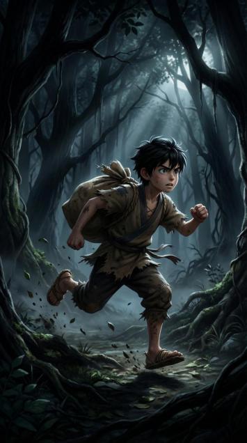 幽暗森林中的少年奔跑者