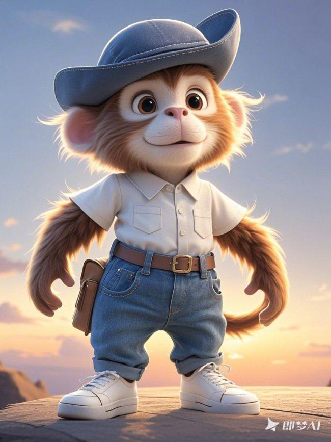 夕阳山巅的萌猴探险家