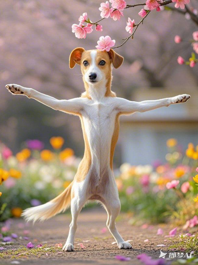 樱花下的拟人小狗舞姿