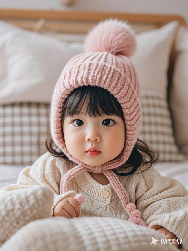 粉嫩毛线帽里的萌娃特写