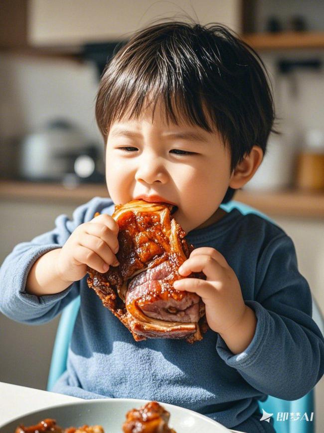 萌娃啃卤肘的幸福瞬间