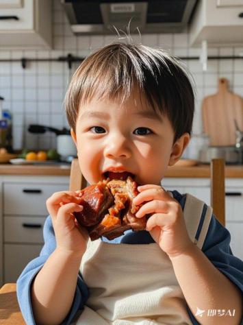 阳光下的萌娃啃卤肉瞬间