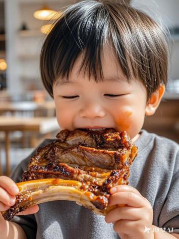 萌娃啃肋排的幸福瞬间