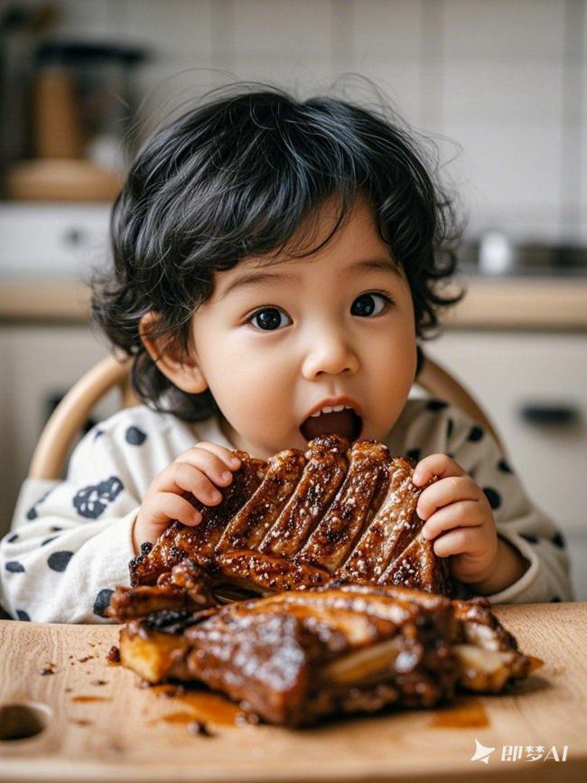 萌娃啃肋排的厨房瞬间