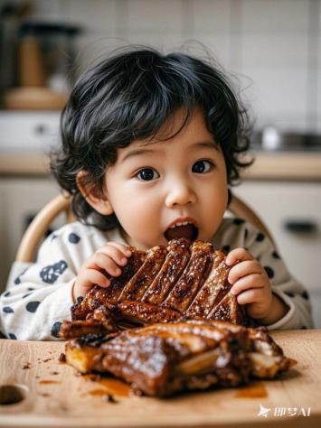 萌娃啃肋排的厨房瞬间