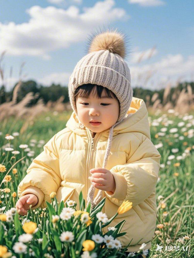 春日童趣：毛线帽宝宝与野花田的温柔邂逅