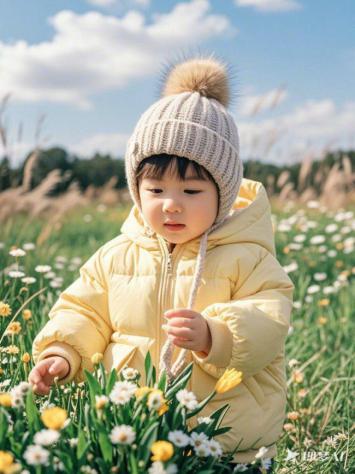 春日童趣：毛线帽宝宝与野花田的温柔邂逅
