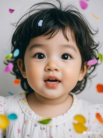 童真笑颜：彩色纸屑中的婴儿特写