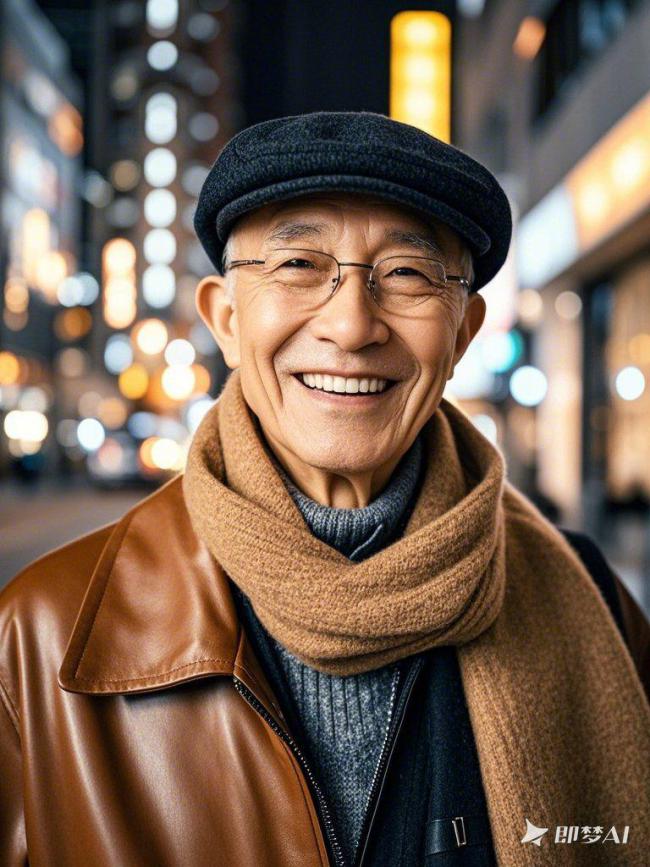 都市夜景中的温暖笑容老人肖像