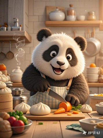 卡通熊猫厨师切胡萝卜的温馨厨房场景