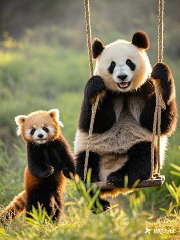 熊猫荡秋千温馨场景写实图