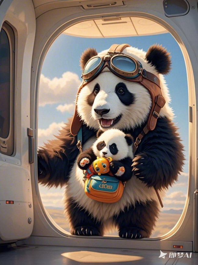 熊猫飞行员携幼崽遨游天空，萌趣卡通风插画