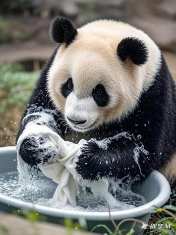 熊猫洗衣萌态写实图