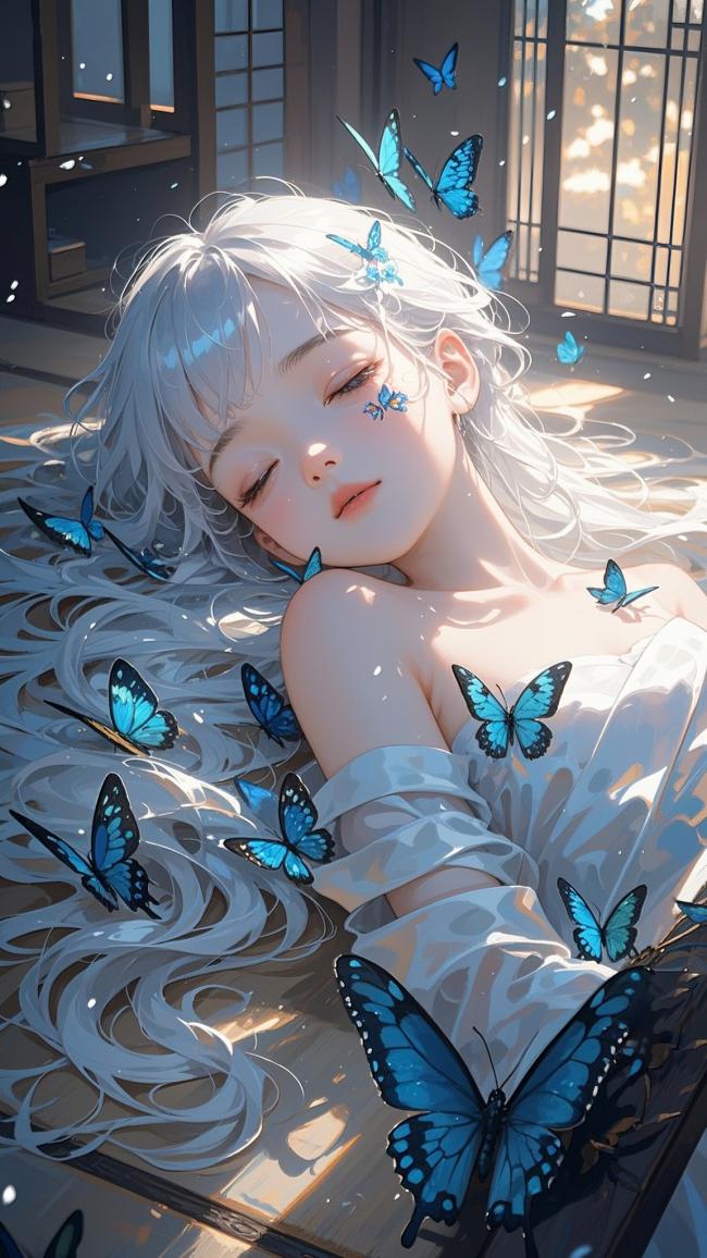 银发少女与蓝蝶共眠的日式静谧时光