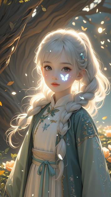 银发汉服少女·古树光影中的东方仙子