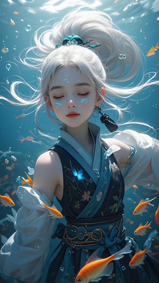银发仙子水下浮游，金鱼环绕梦幻仙侠图