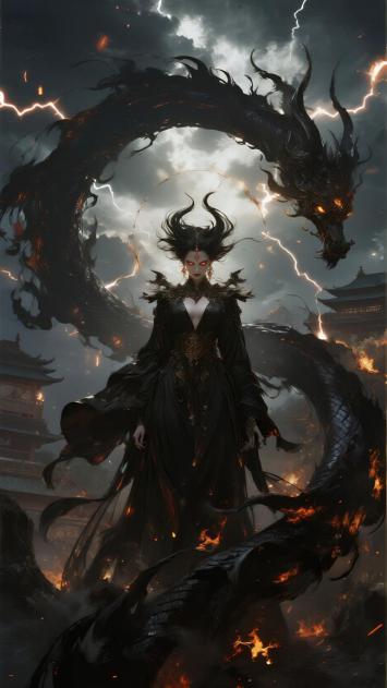 黑袍女修与雷龙共舞的仙侠玄幻场景图