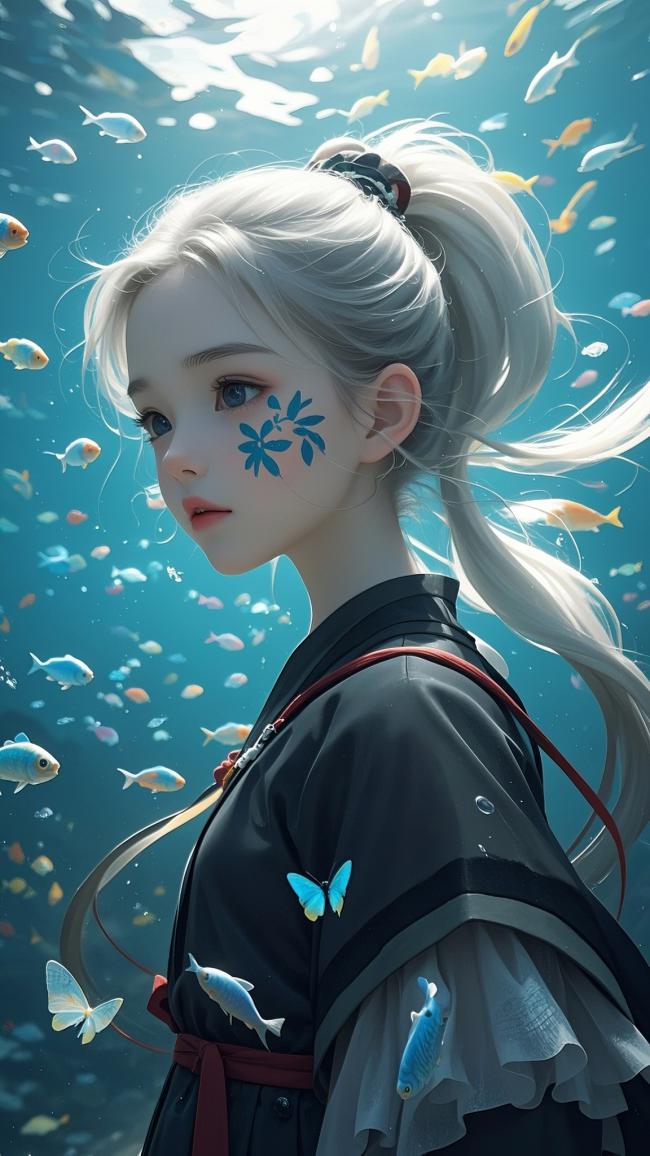 水下汉服少女·梦幻蓝海插画