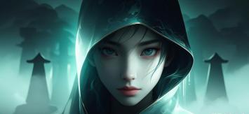 幽蓝仙侠少女特写：雾中古塔下的神秘凝视