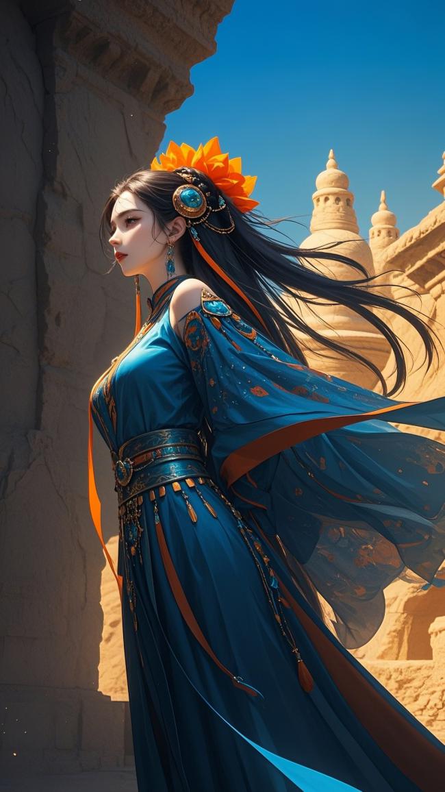 古风仕女立于沙漠佛塔前，蓝袍飞袖橙花映日