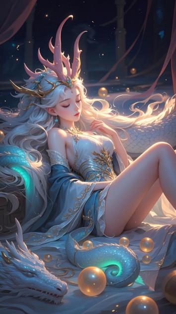 龙女仙姬静卧星夜古殿，仙气缭绕梦幻如画