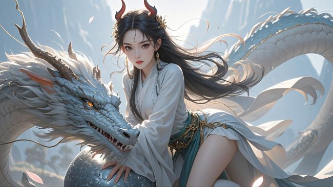 仙侠少女骑白龙，写实风神话画卷