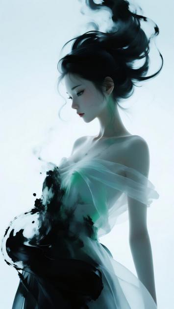 水墨仙子飘逸写真，黑发青墨共舞