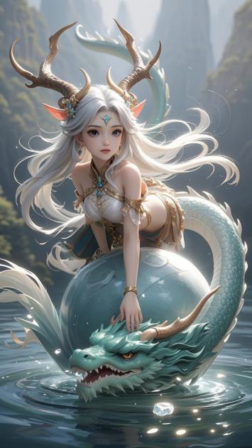 银发仙子骑青龙游于云水之间