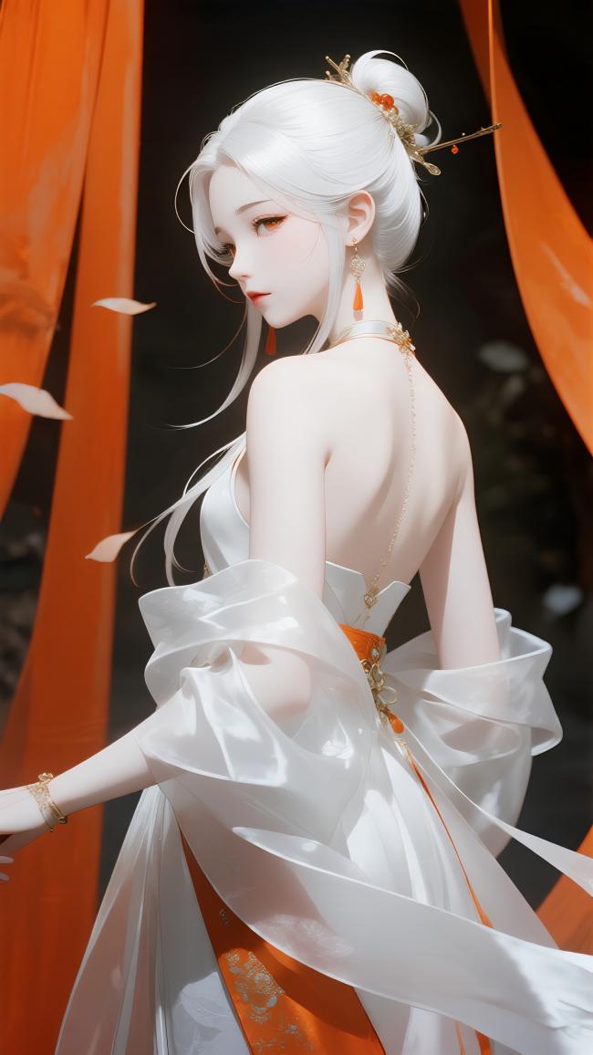 白发仙子汉服回眸，橙幕飘纱梦幻写真