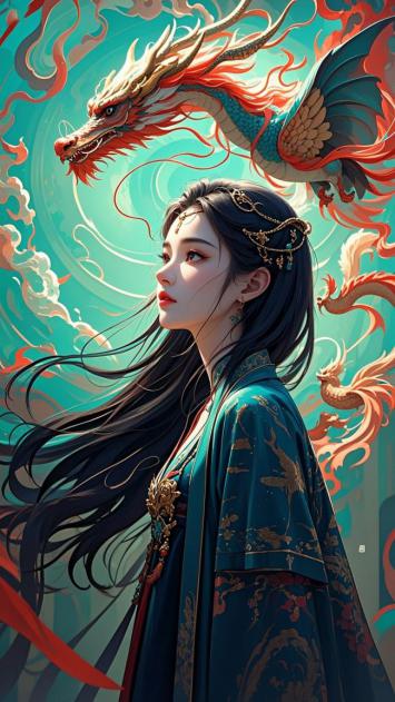 仙侠少女与神龙共舞云海间