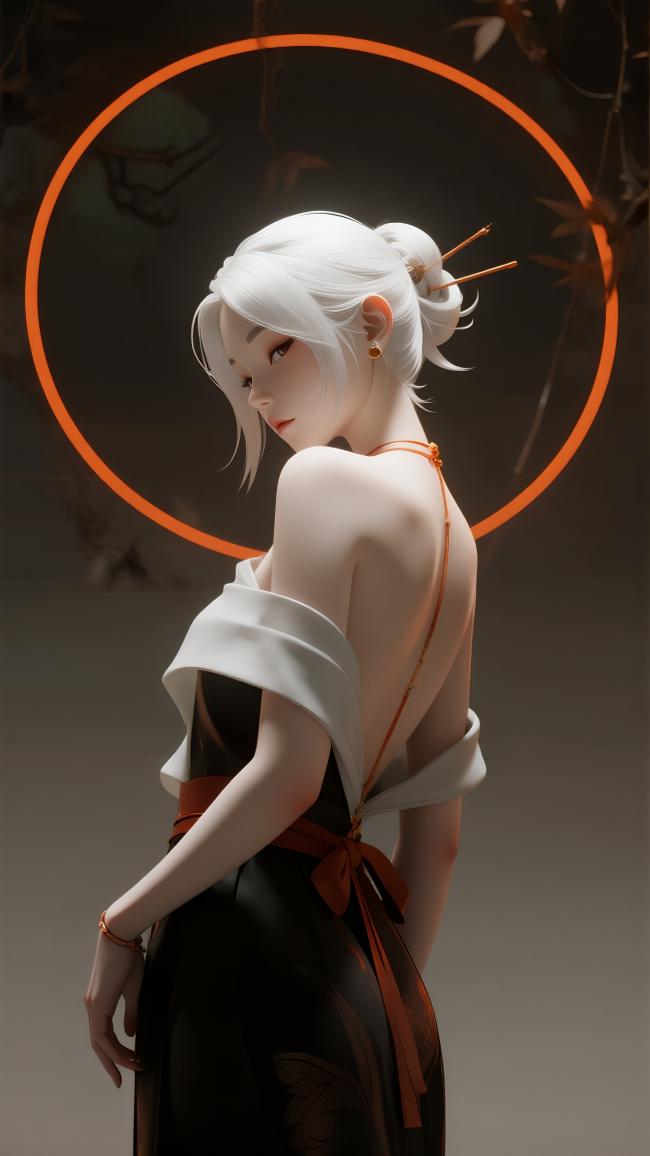 白发仕女背影如画，橙光环绕东方神韵