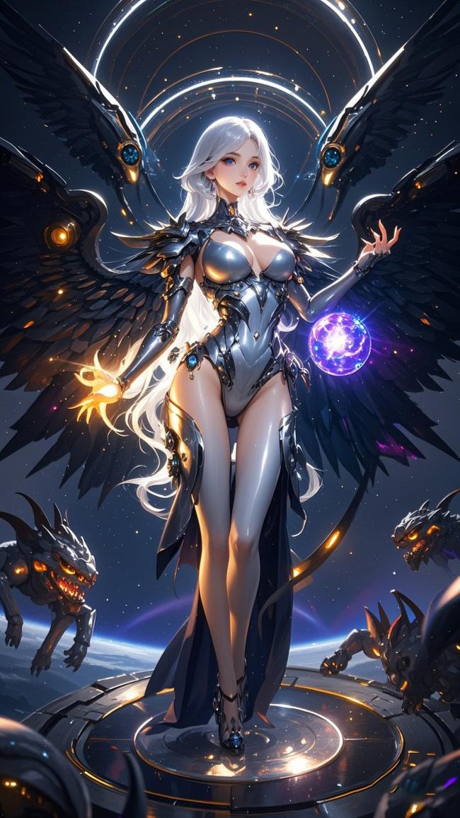 赛博朋克天使女战士持能立于星环之巅