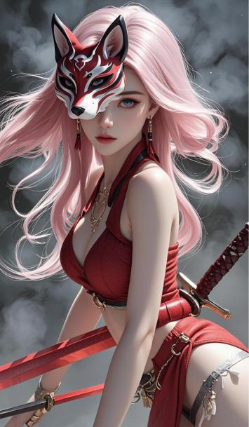 狐面忍者粉发少女写实插画