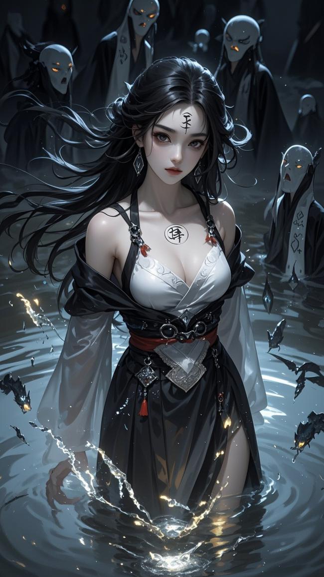 幽冥水畔仙侠女，符咒飘逸鬼影随