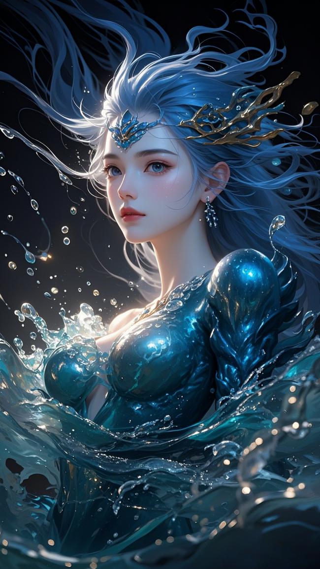 蓝发水神破浪而出，光影交织梦幻唯美