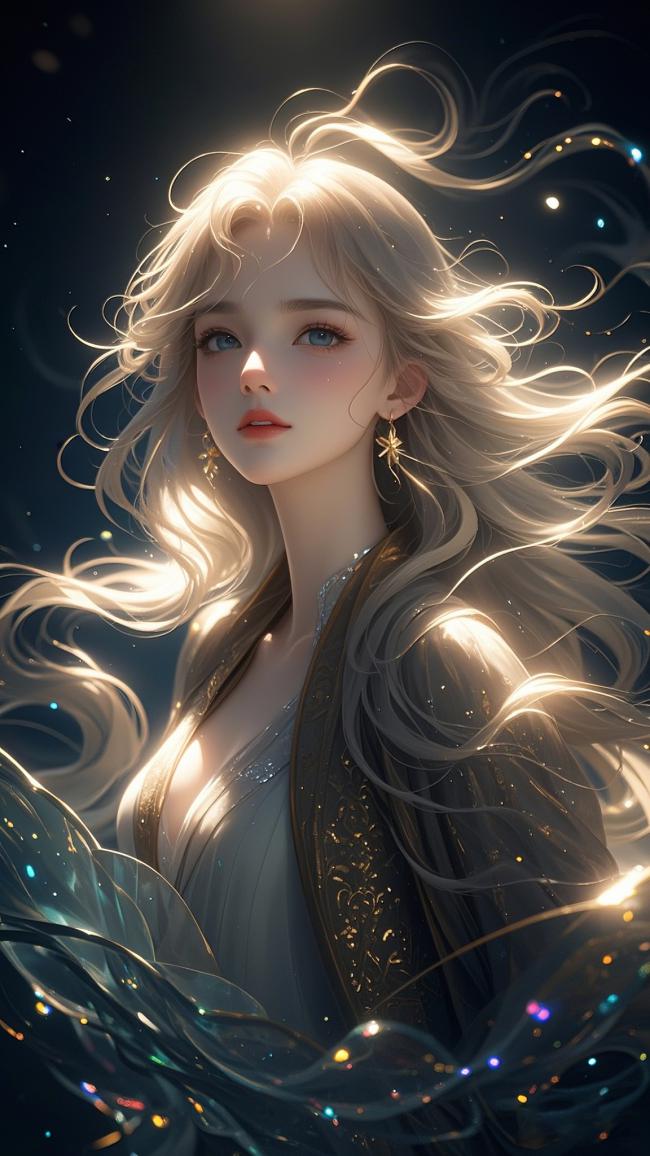 星空下的仙侠少女，金发流光如梦似幻