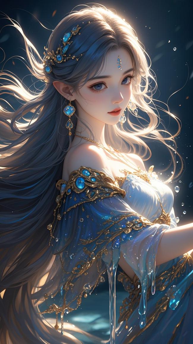 水之女神写实插画，蓝袍银发梦幻唯美