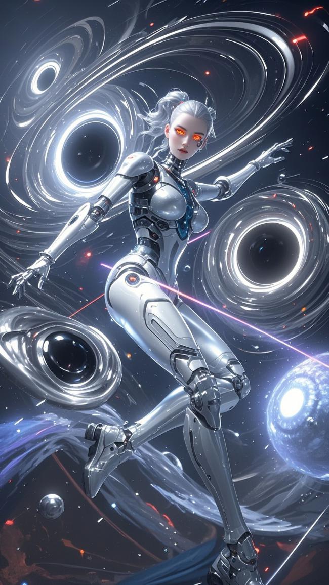 赛博朋克机甲女战士穿梭黑洞星海