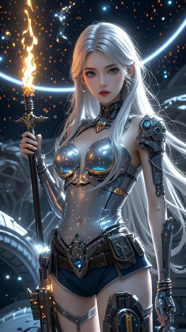 赛博朋克银发女战士持焰法杖