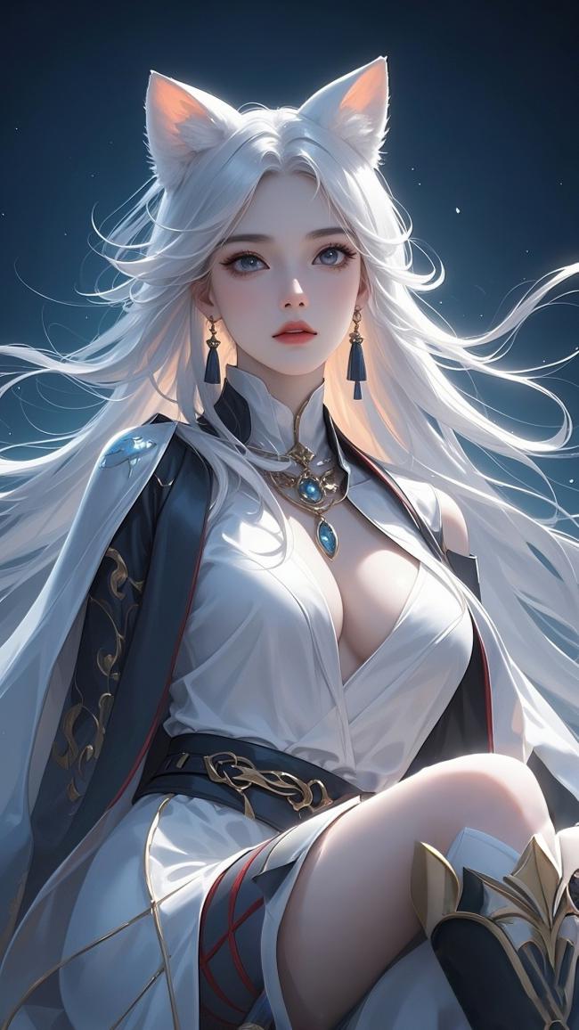 白发狐耳少女立绘插画，科幻战袍搭配星空背景