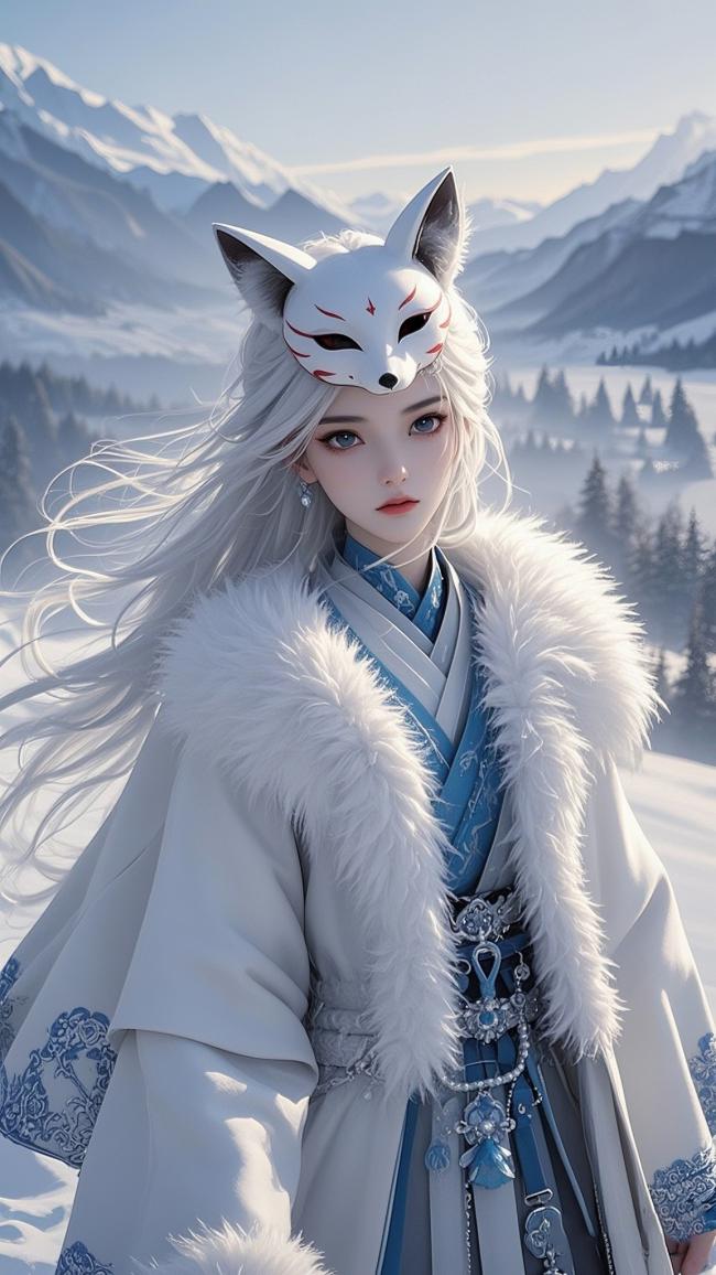 雪山狐女汉服写真，银发飘逸仙气十足