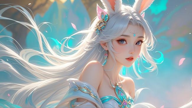 银发兔耳少女3D插画，梦幻蓝粉背景