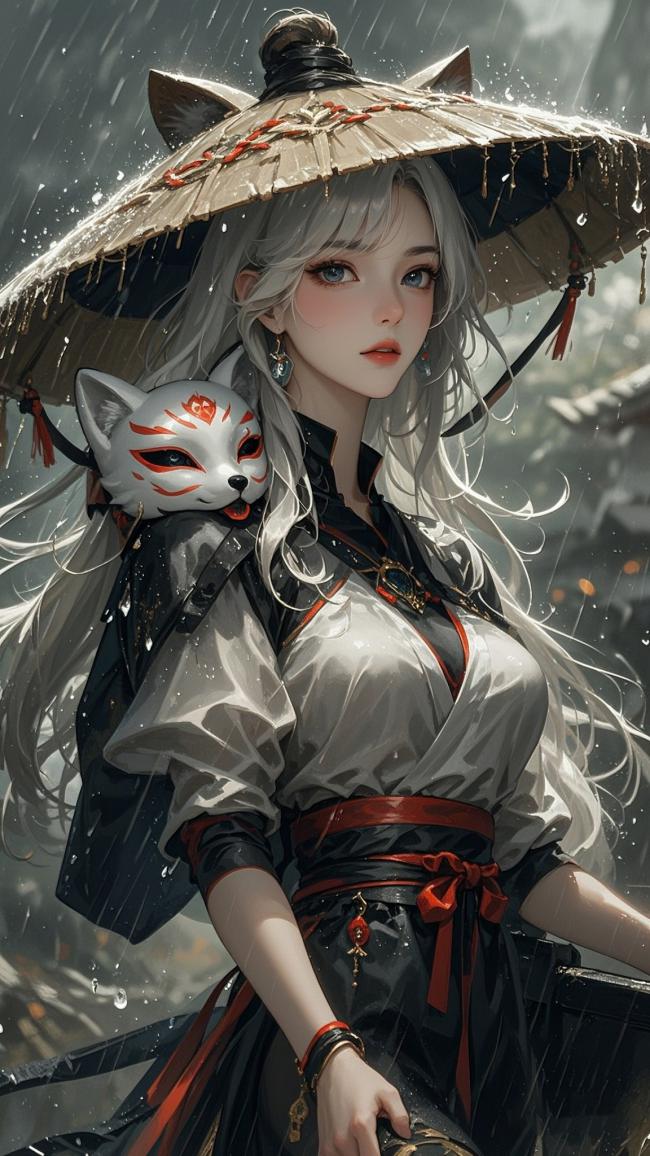 雨中狐面少女·仙侠水墨风插画