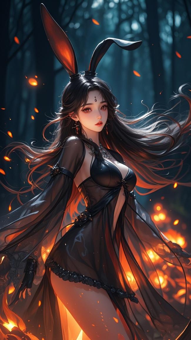 暗夜火舞兔耳少女插画