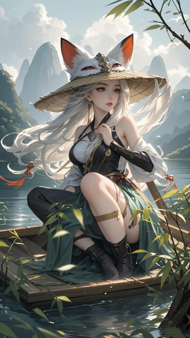 银发狐耳仙子坐竹筏，山水如画意境美
