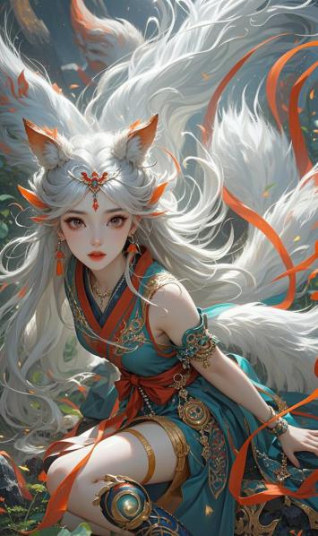 九尾狐仙少女古风插画，银发飞舞橙带飘逸