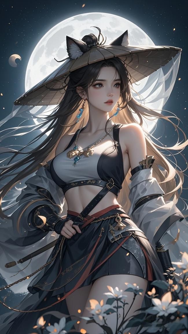 月夜仙侠少女持剑立姿插画