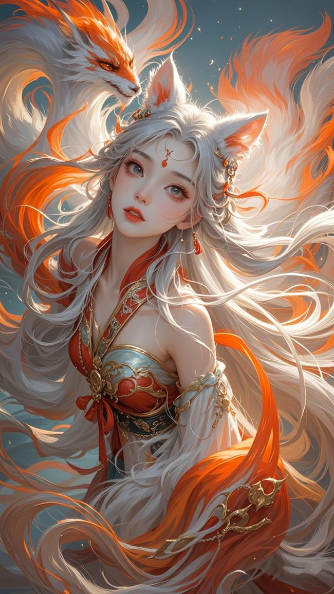 银发九尾狐妖少女仙侠插画