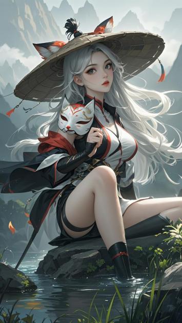 银发狐女坐溪畔，新国潮仙侠风插画